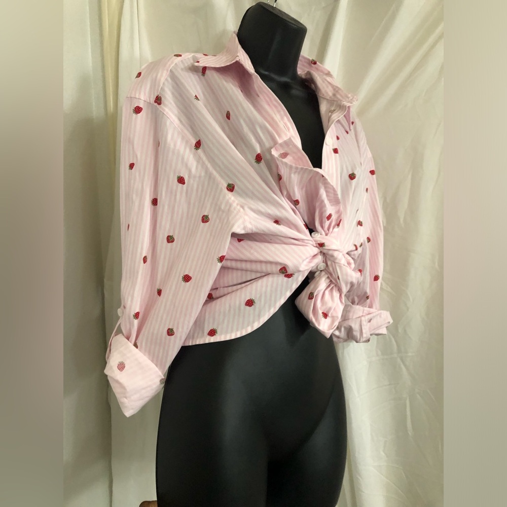 Nine West pink white striped strawberry button down menswear shirt size large - Picture 2 of 16